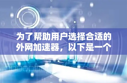为了帮助用户选择合适的外网加速器,以下是一个结构化的总结,涵盖不同类型的加速器的价格、适用场景和特点
